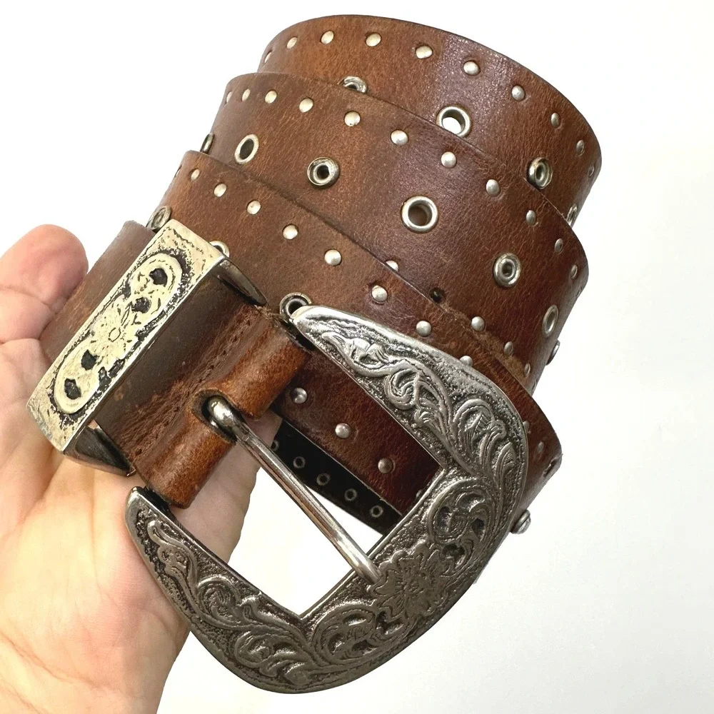 Y2K Genuine Leather Western Studded Belt L Brown Floral Engraved Buckle Cowgirl